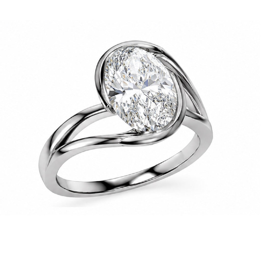 Twisted Oval Diamond Solitaire Half Bezel Engagement Ring in Gold & Platinum