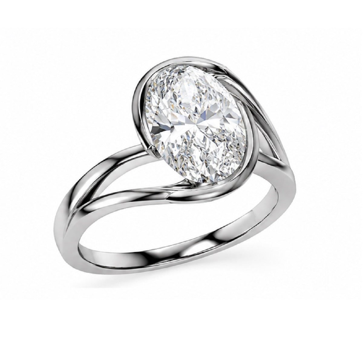Twisted Oval Diamond Solitaire Half Bezel Engagement Ring in Gold & Platinum