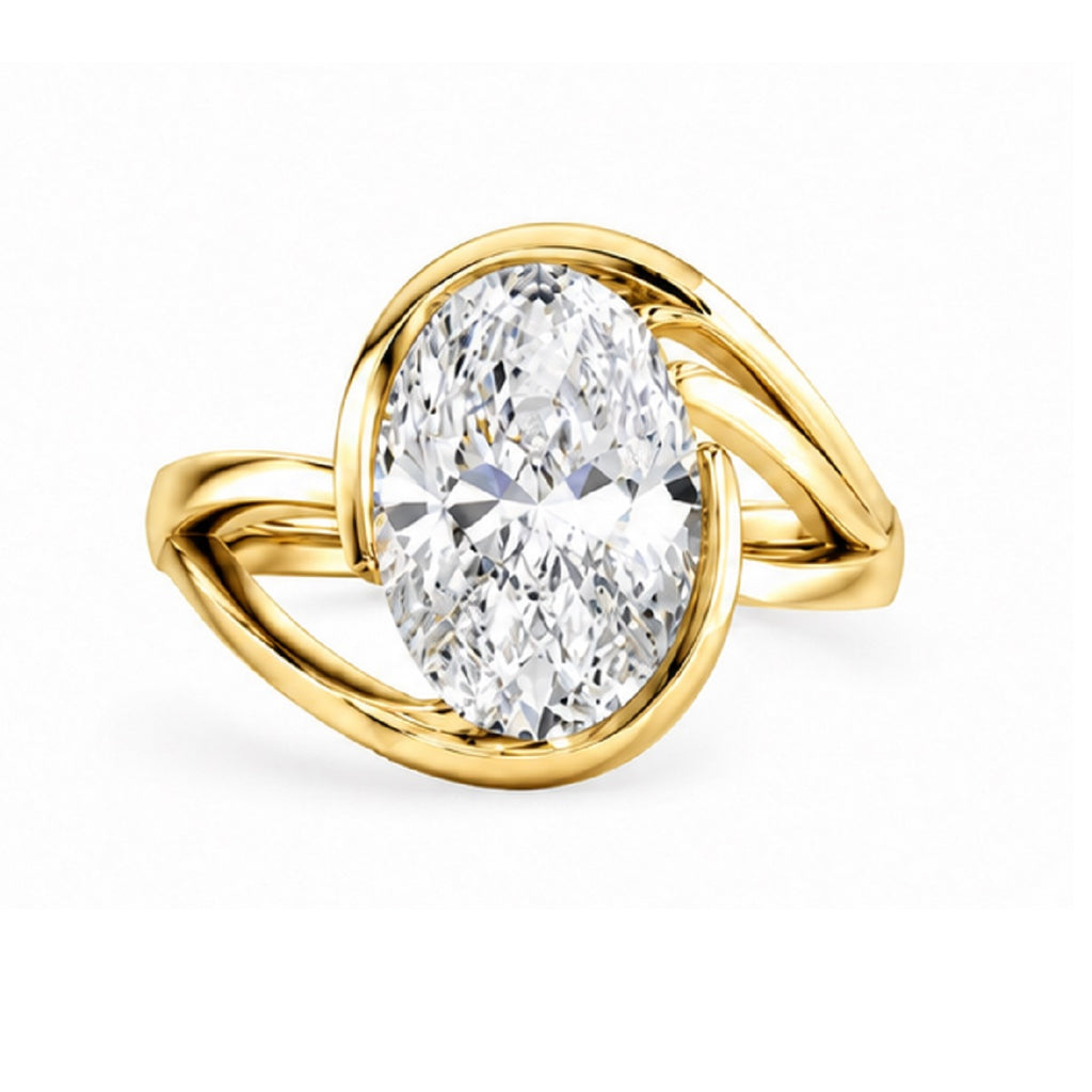 Twisted Oval Diamond Solitaire Half Bezel Engagement Ring in Gold & Platinum