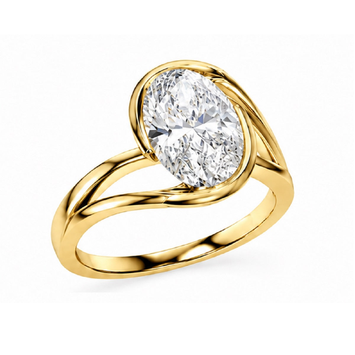 Twisted Oval Diamond Solitaire Half Bezel Engagement Ring in Gold & Platinum
