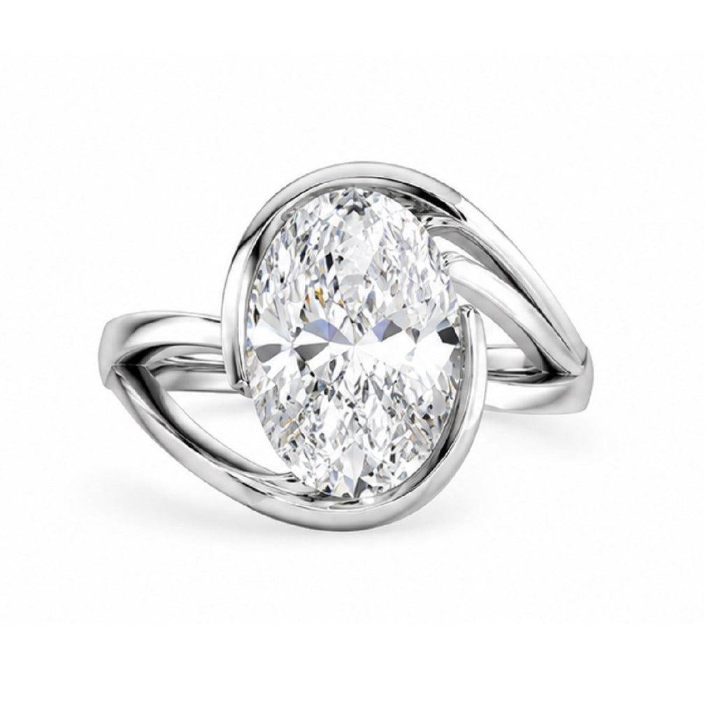 Twisted Oval Diamond Solitaire Half Bezel Engagement Ring in Gold & Platinum