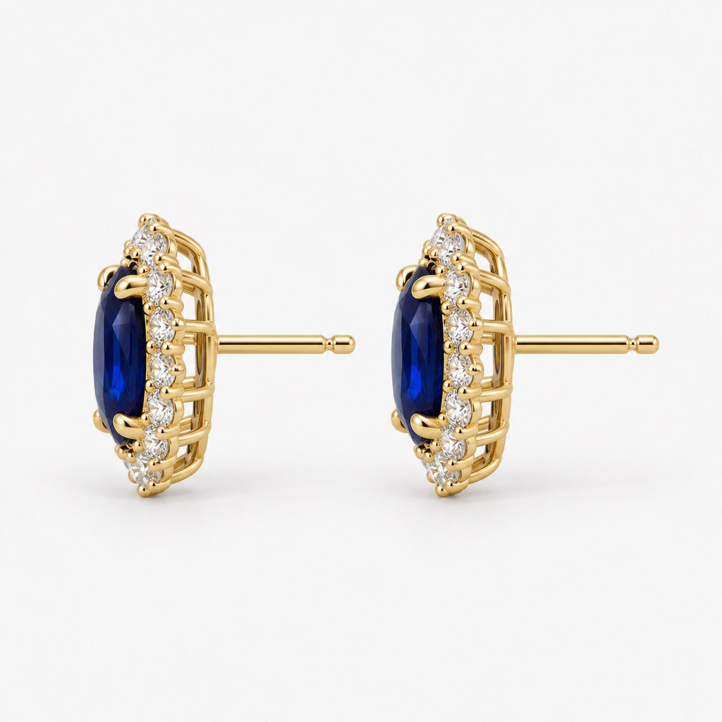 2.00 Carat Oval Sapphire & Round Diamond Cluster Earring in 9k Yellow Gold