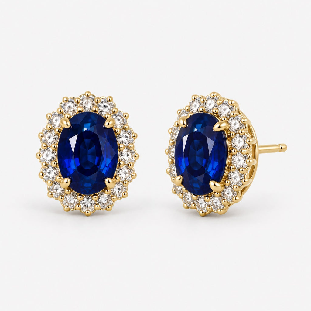 2.00 Carat Oval Sapphire & Round Diamond Cluster Earring in 9k Yellow Gold