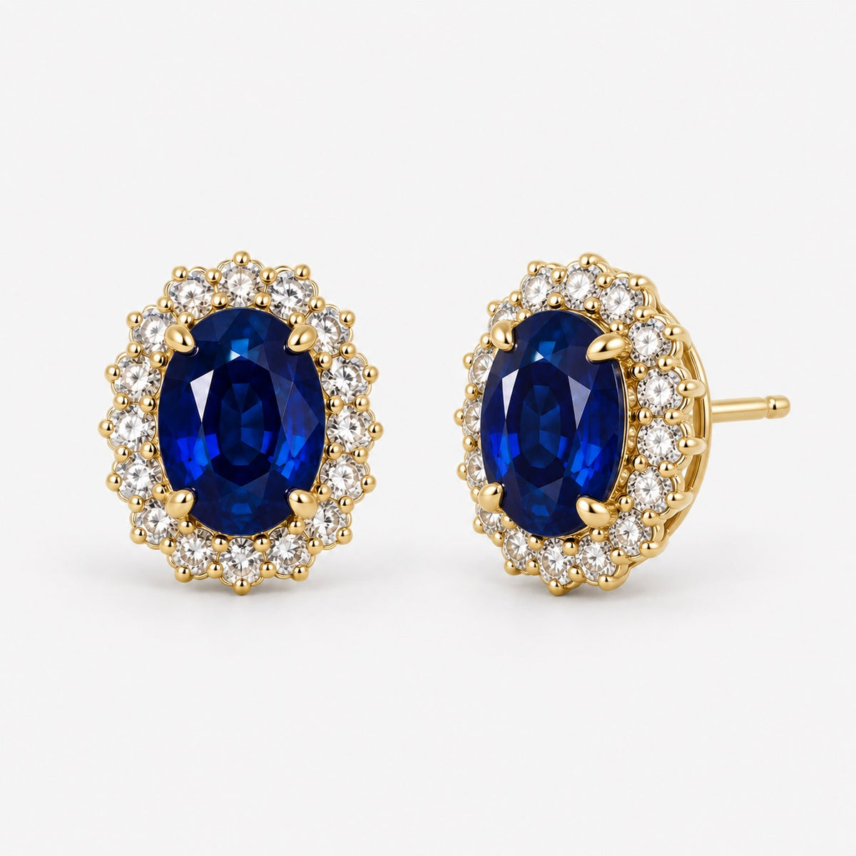 2.00 Carat Oval Sapphire & Round Diamond Cluster Earring in 9k Yellow Gold