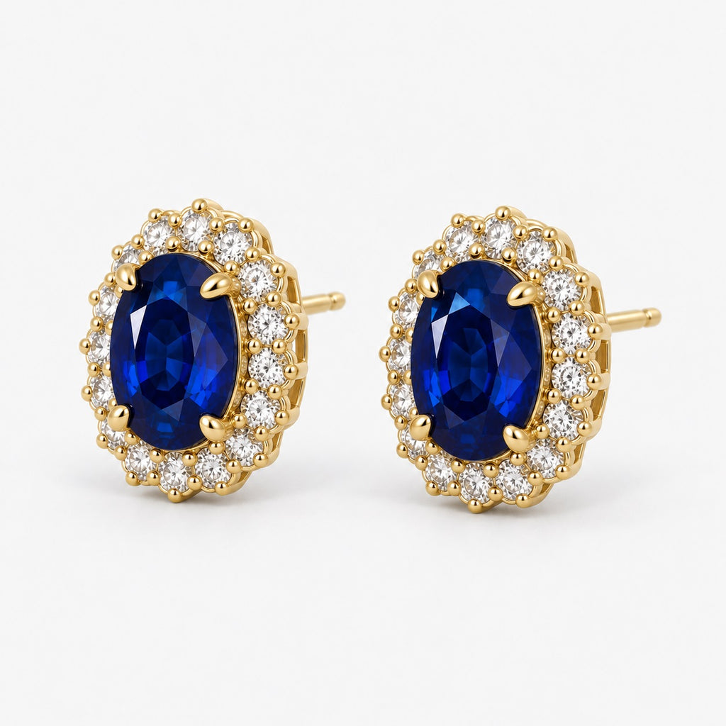 2.00 Carat Oval Sapphire & Round Diamond Cluster Earring in 9k Yellow Gold