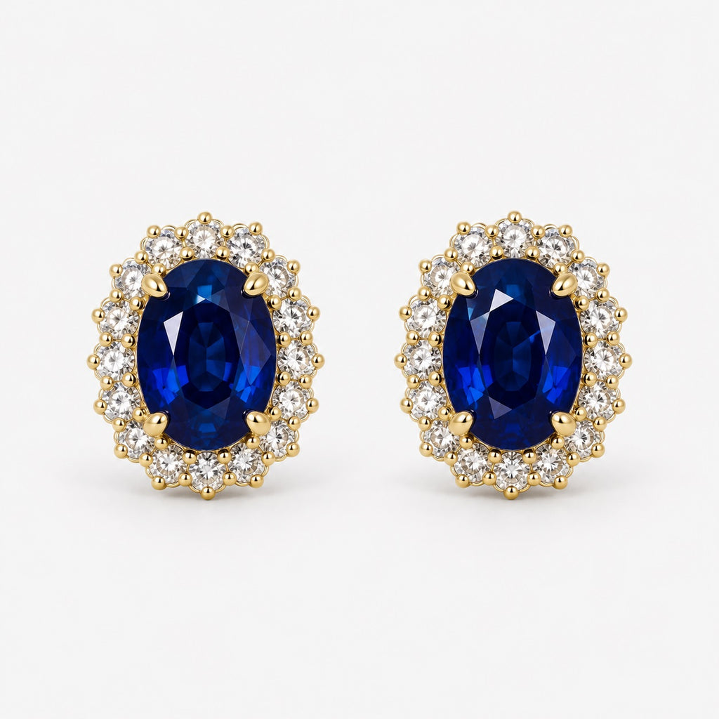 2.00 Carat Oval Sapphire & Round Diamond Cluster Earring in 9k Yellow Gold