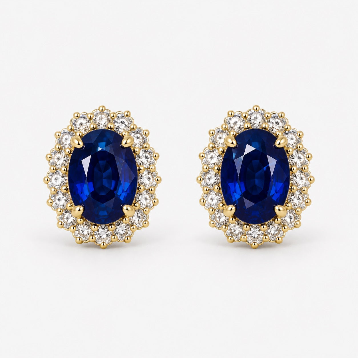 2.00 Carat Oval Sapphire & Round Diamond Cluster Earring in 9k Yellow Gold