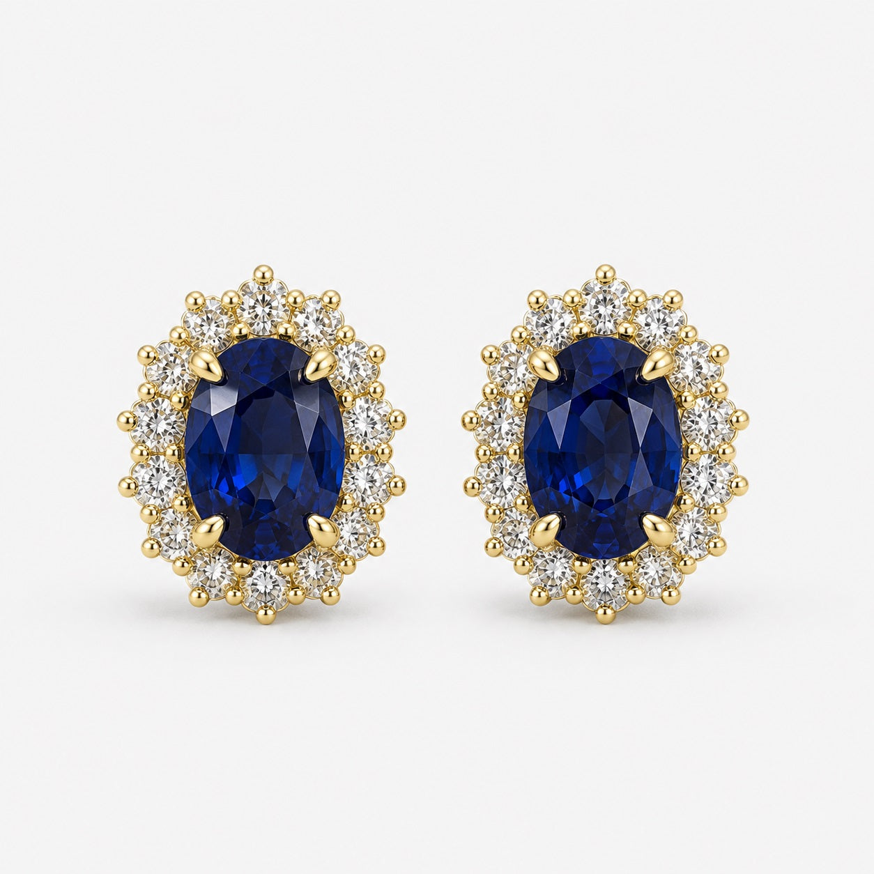 2.00 Carat Oval Sapphire & Round Diamond Cluster Earring in 9k Yellow Gold