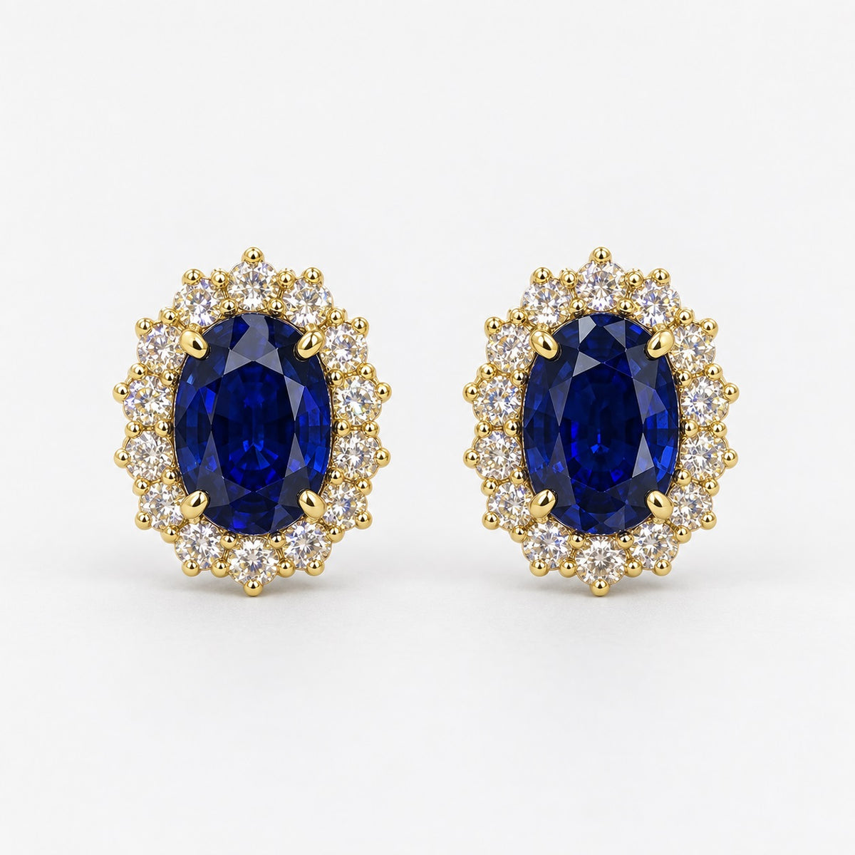 2.00 Carat Oval Sapphire & Round Diamond Cluster Earring in 9k Yellow Gold