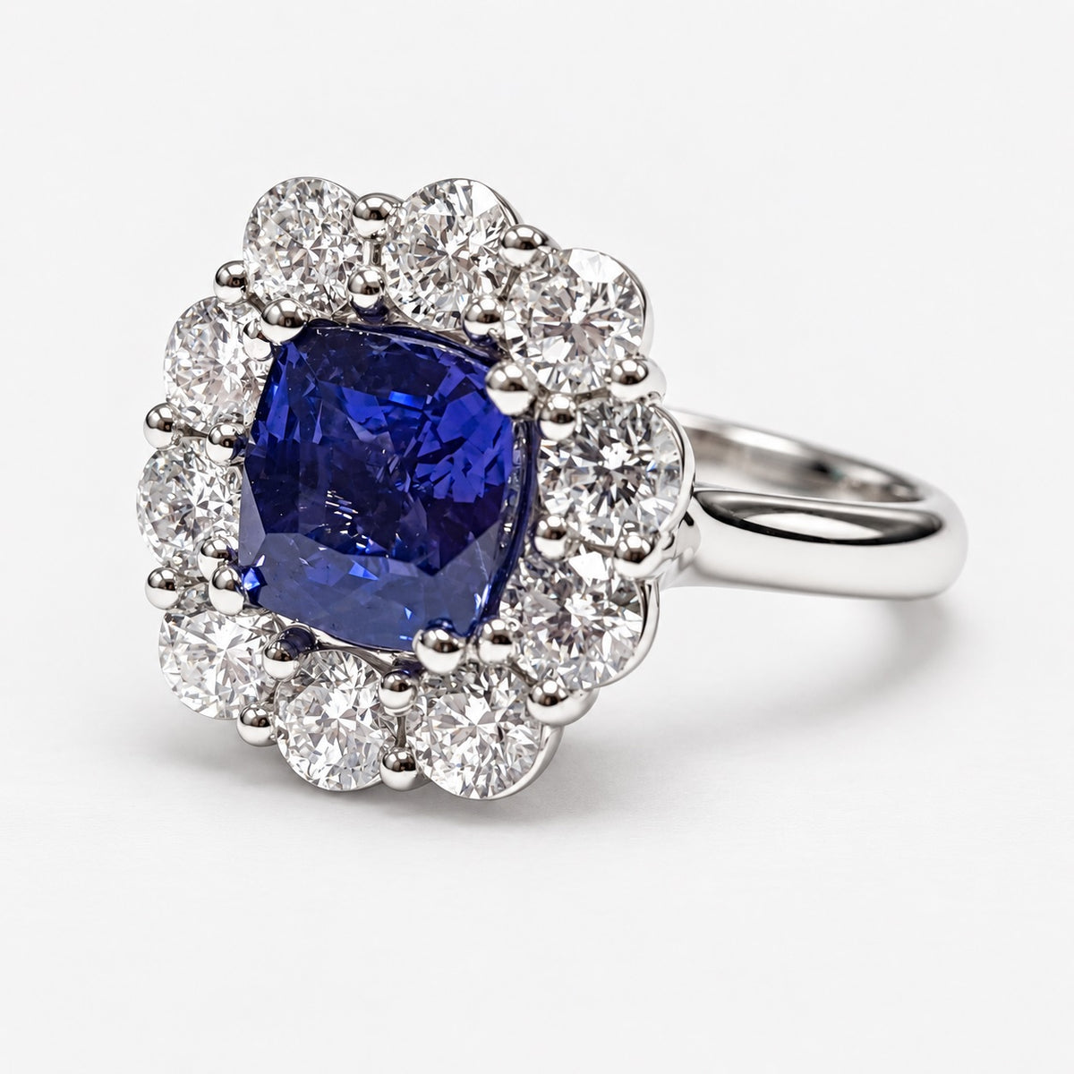 2.10ct Sapphire Cushion Cut And 1.90ct Side Diamond Cluster Ring Gold & Platinum