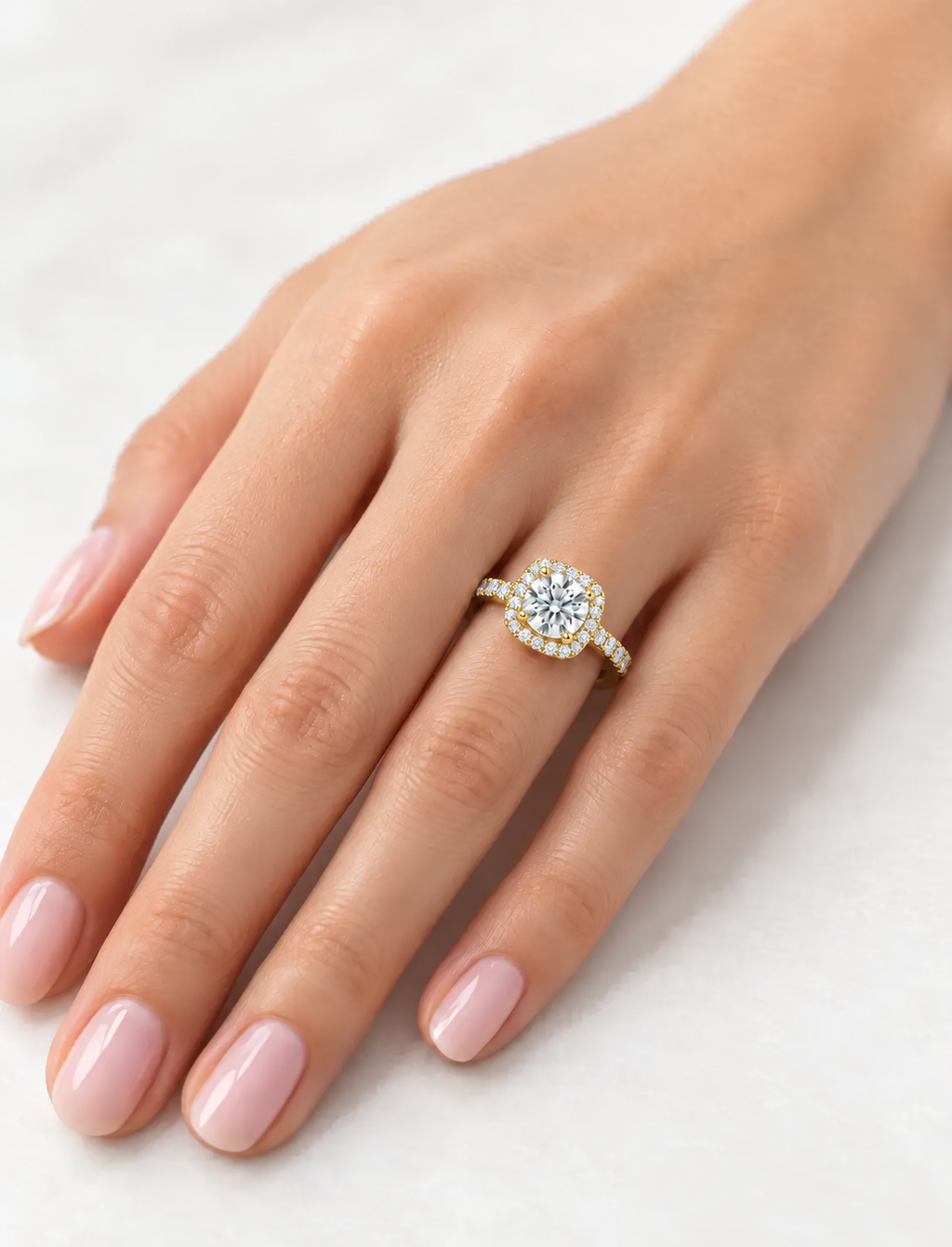 Round Diamond Engagement Ring Halo Set Diamond Solitaire with side Ring IGI Lab Grown in 18K Yellow Gold