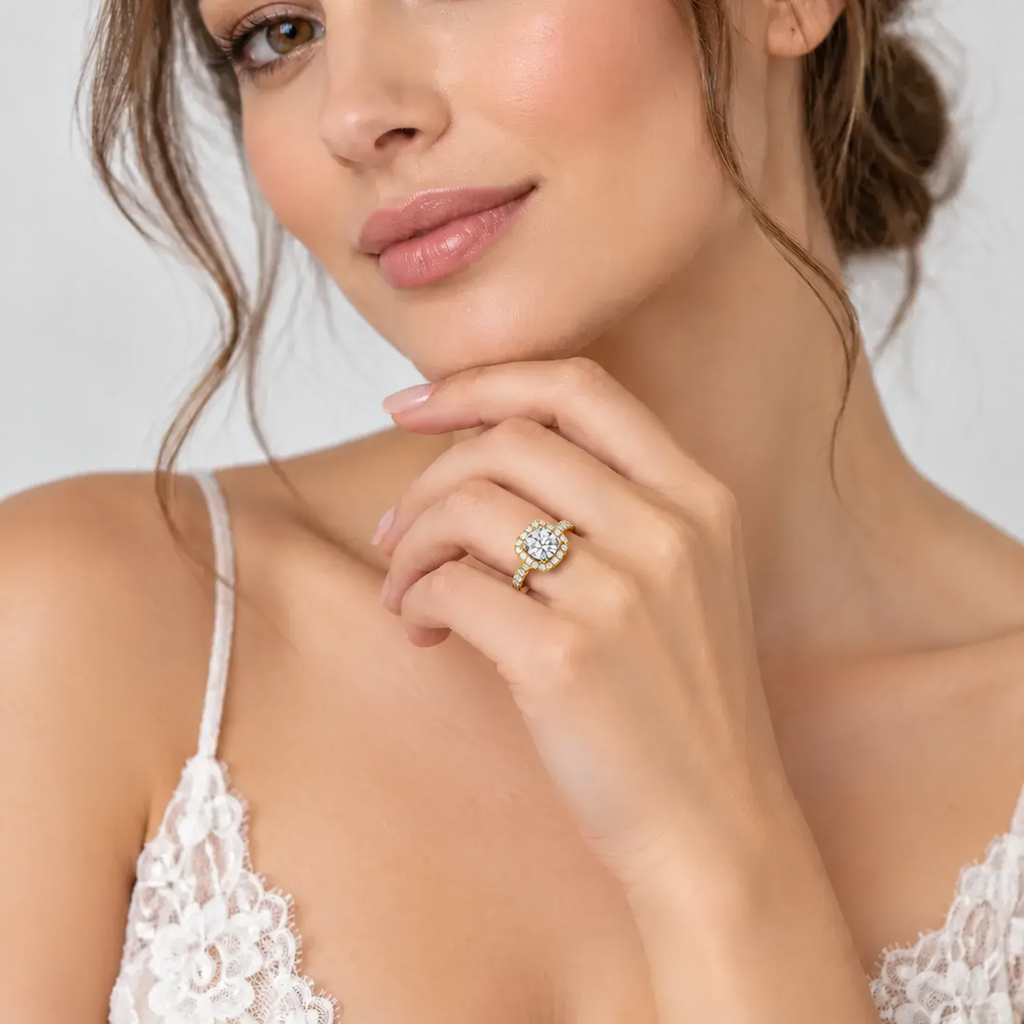 Round Diamond Engagement Ring Halo Set Diamond Solitaire with side Ring IGI Lab Grown in 18K Yellow Gold