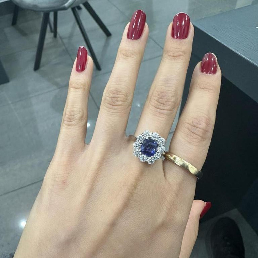2.10ct Sapphire Cushion Cut And 1.90ct Side Diamond Cluster Ring Gold & Platinum