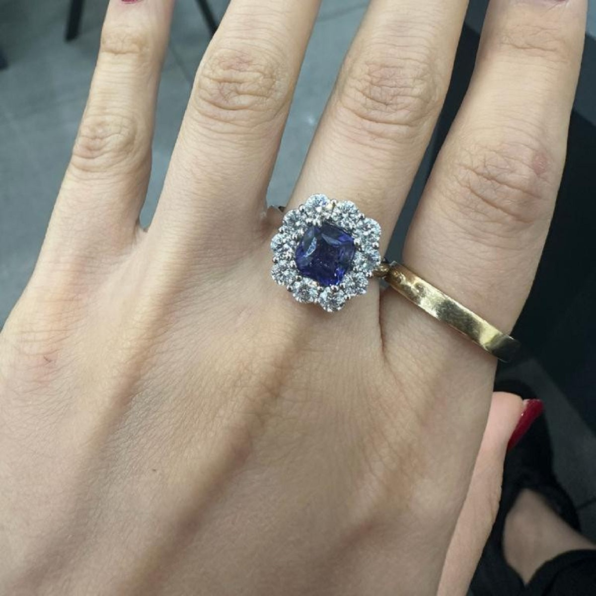 2.10ct Sapphire Cushion Cut And 1.90ct Side Diamond Cluster Ring Gold & Platinum