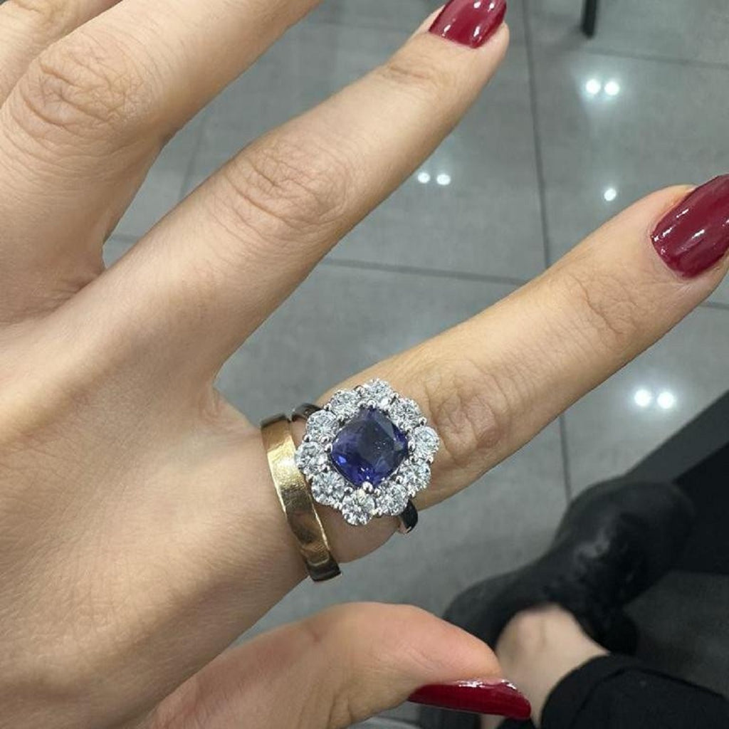 2.10ct Sapphire Cushion Cut And 1.90ct Side Diamond Cluster Ring Gold & Platinum