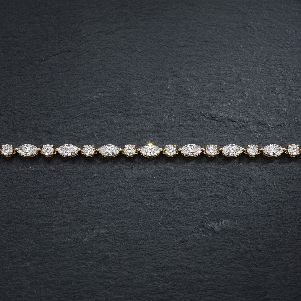 5.00 Carat Marquise and Round Diamond Claw Setting Tennis Bracelet 9k Gold