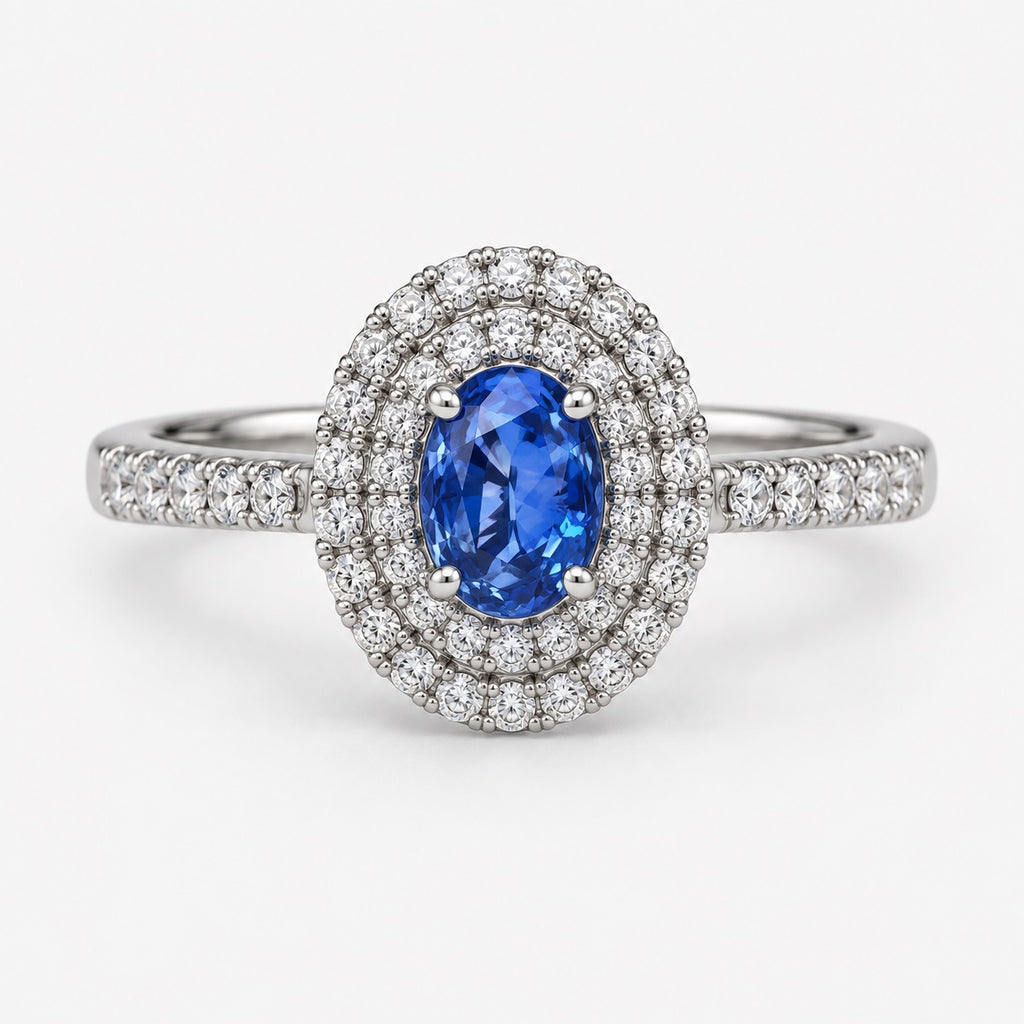 1.50Ct Blue Sapphire & Round Diamond Double Halo Ring In Gold & Platinum