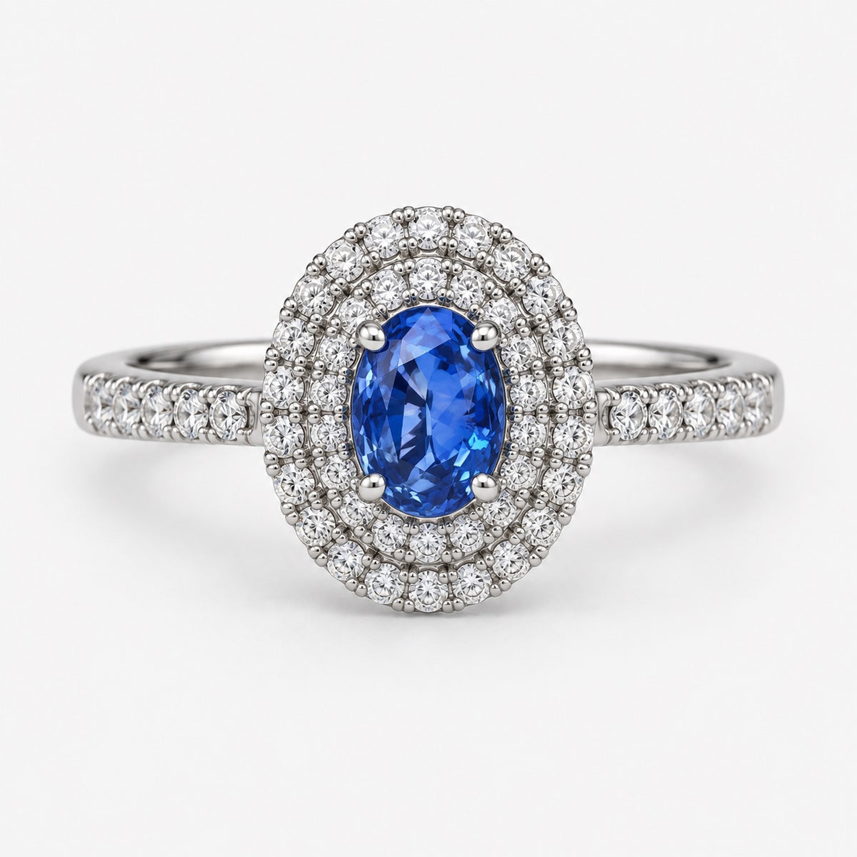 1.50Ct Blue Sapphire & Round Diamond Double Halo Ring In Gold & Platinum