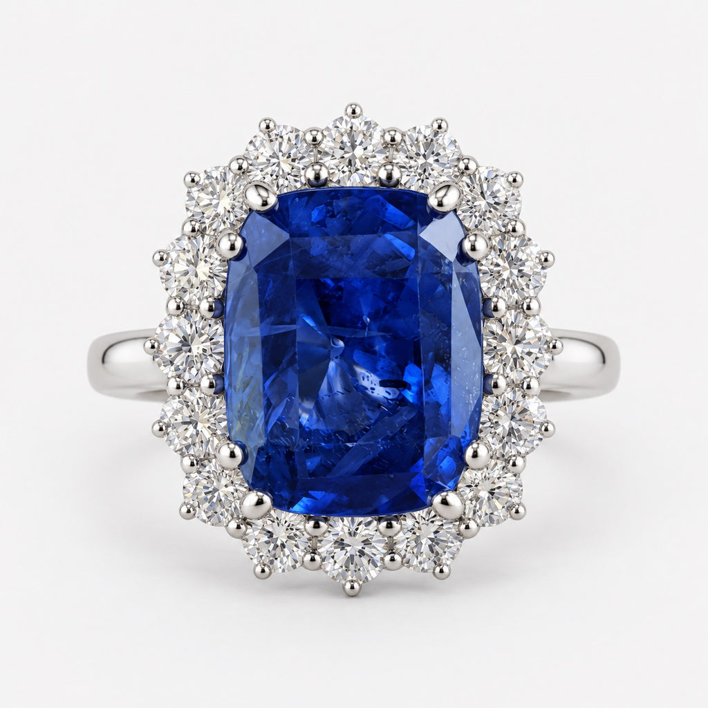 Timeless Elegance 4.00 Ct Cushion Sapphire & Diamond Halo Cluster Ring -Platinum