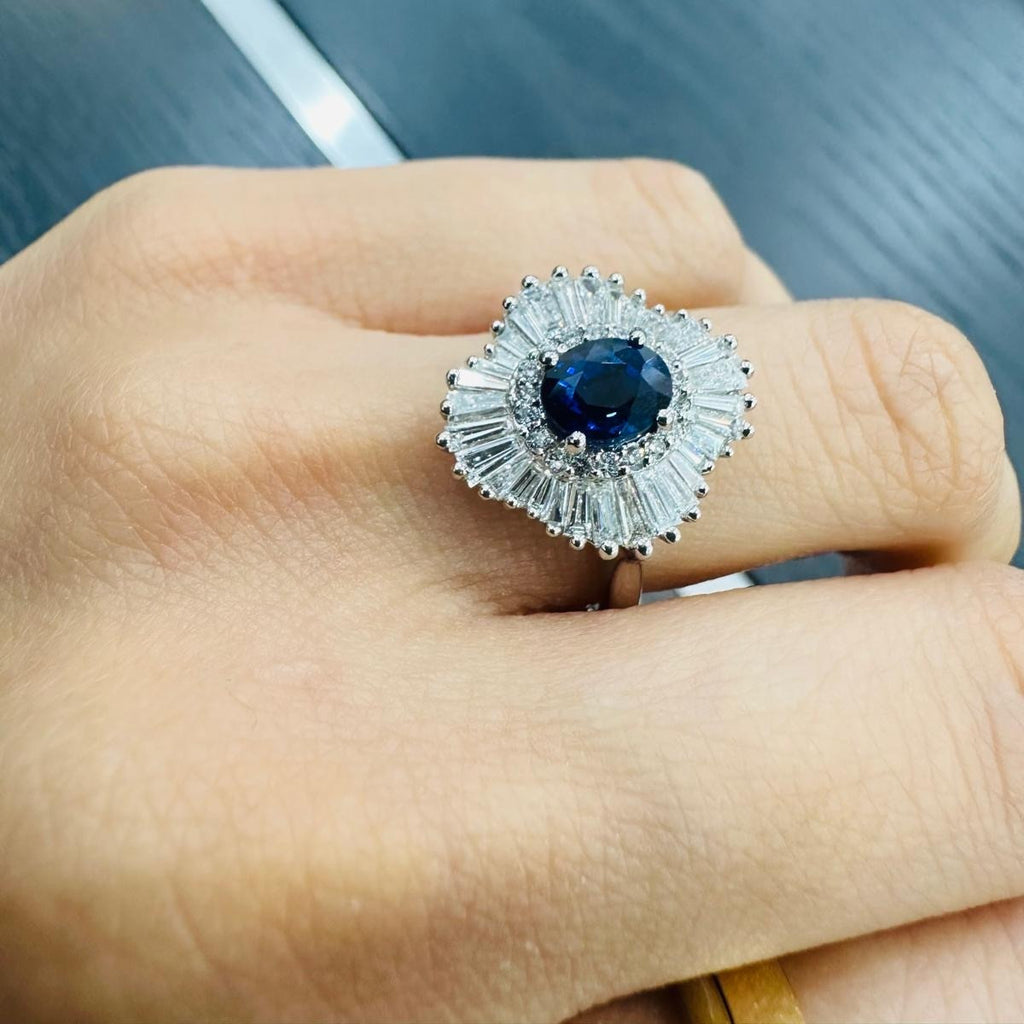 3.00 Carat Natural Oval Sapphire & Side Baguette & Round Diamond Cluster Halo Ring