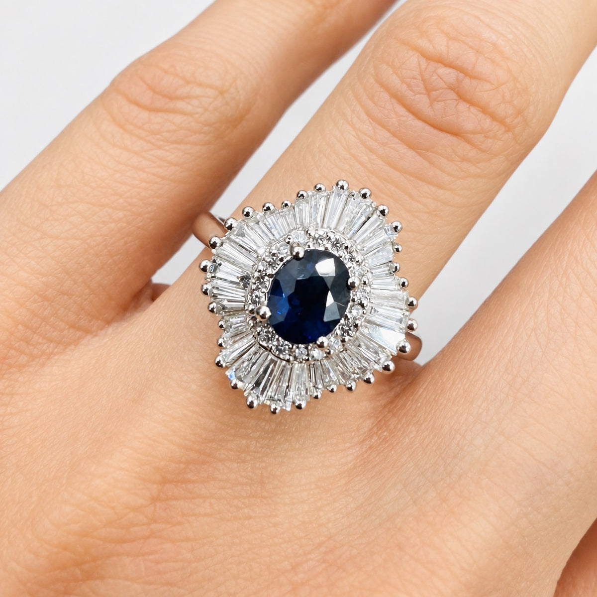 3.00 Carat Natural Oval Sapphire & Side Baguette & Round Diamond Cluster Halo Ring