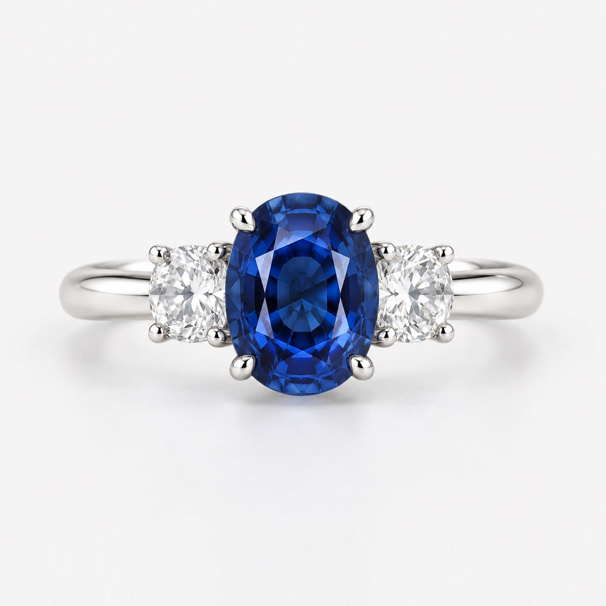 Natural 1.50ct Oval Sapphire & Side Round Diamond Trilogy Ring In Gold & Platinum