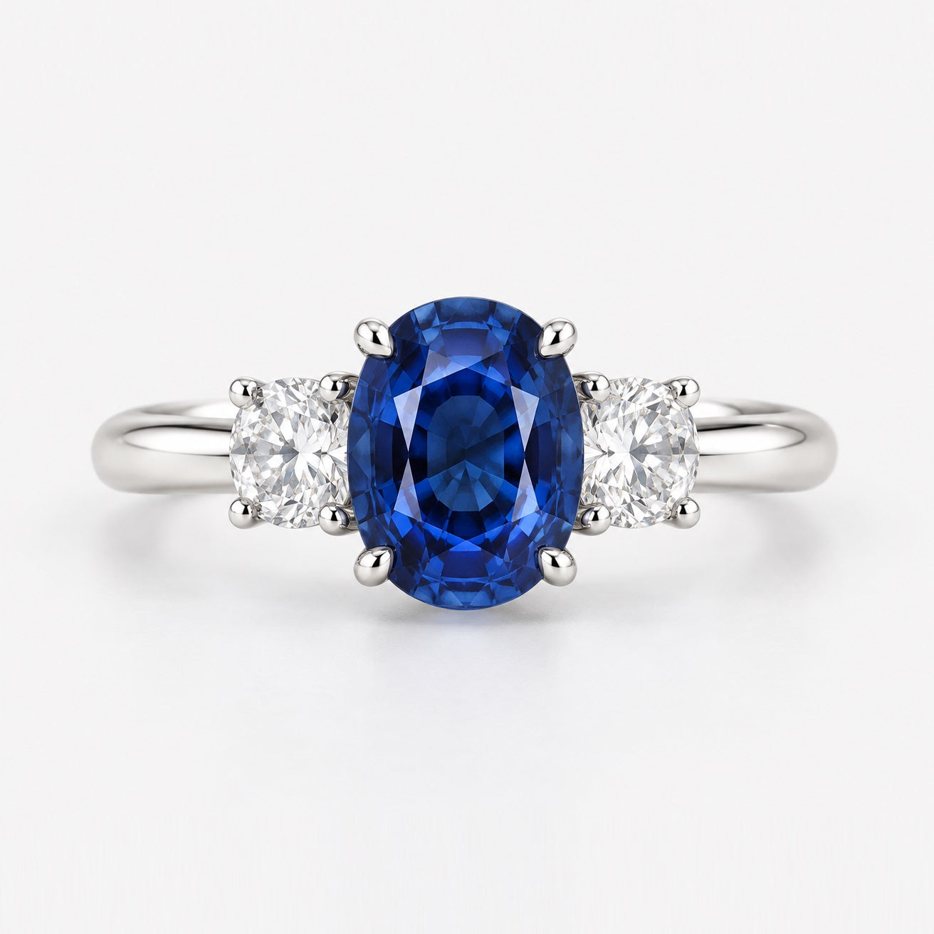 Natural 1.50ct Oval Sapphire & Side Round Diamond Trilogy Ring In Gold & Platinum