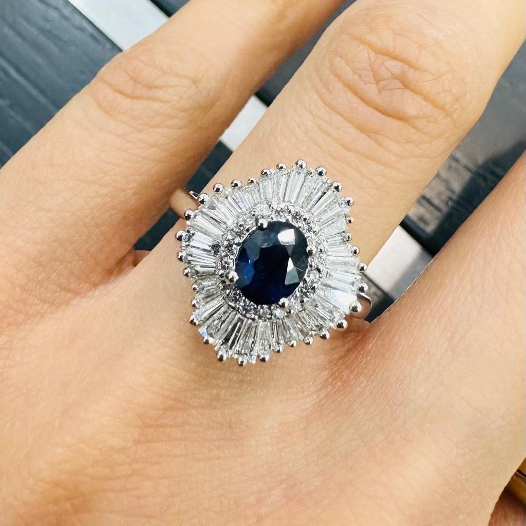 3.00 Carat Natural Oval Sapphire & Side Baguette & Round Diamond Cluster Halo Ring