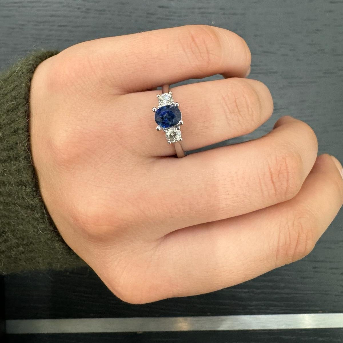Natural 1.50ct Oval Sapphire & Side Round Diamond Trilogy Ring In Gold & Platinum