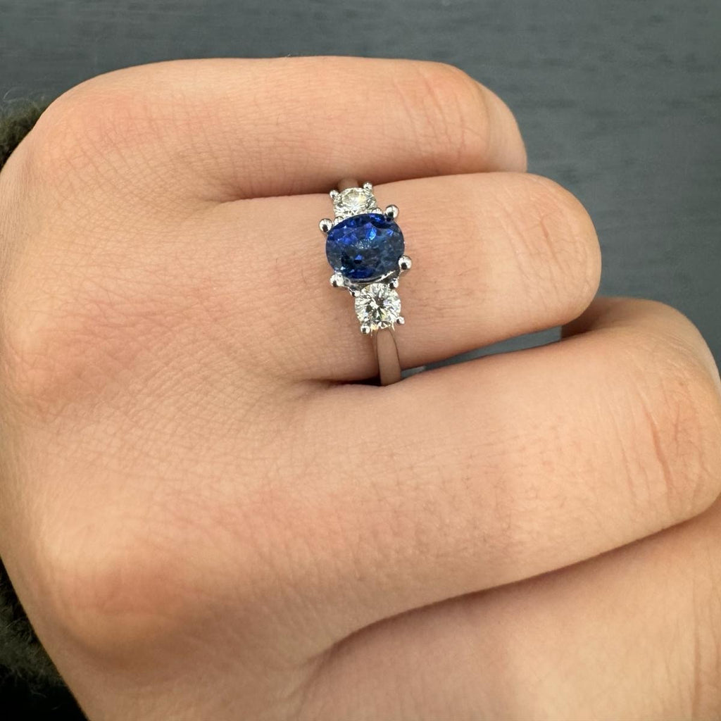 Natural 1.50ct Oval Sapphire & Side Round Diamond Trilogy Ring In Gold & Platinum