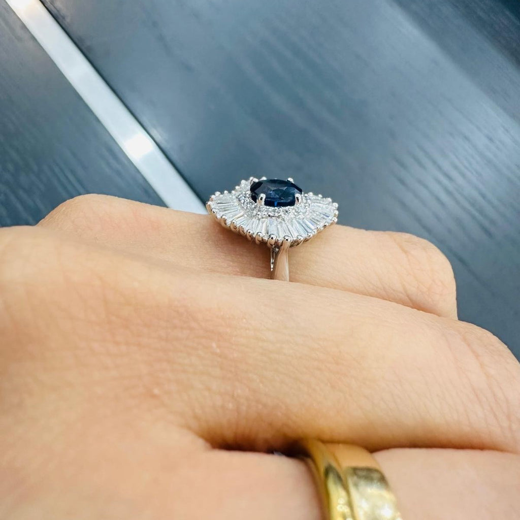 3.00 Carat Natural Oval Sapphire & Side Baguette & Round Diamond Cluster Halo Ring