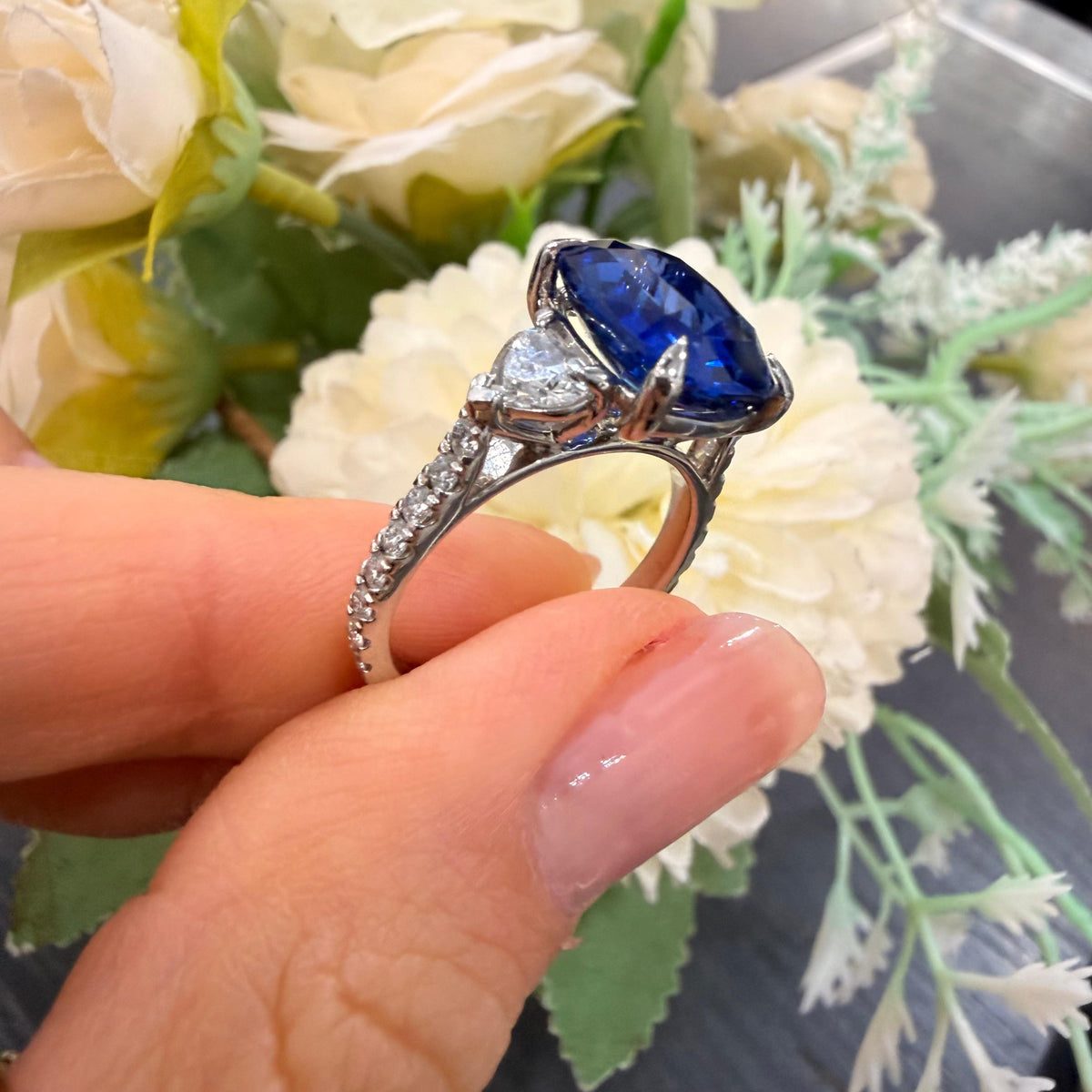 6.00ct Sapphire Cushion & Heart Shape Diamond Engagement Ring In 950 Platinum