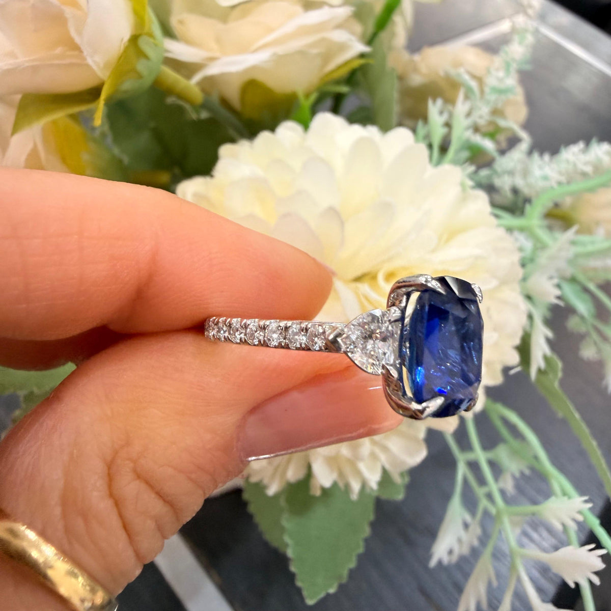 6.00ct Sapphire Cushion & Heart Shape Diamond Engagement Ring In 950 Platinum
