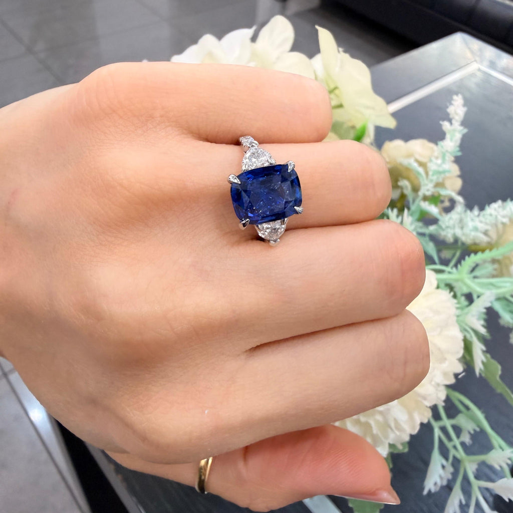 6.00ct Sapphire Cushion & Heart Shape Diamond Engagement Ring In 950 Platinum