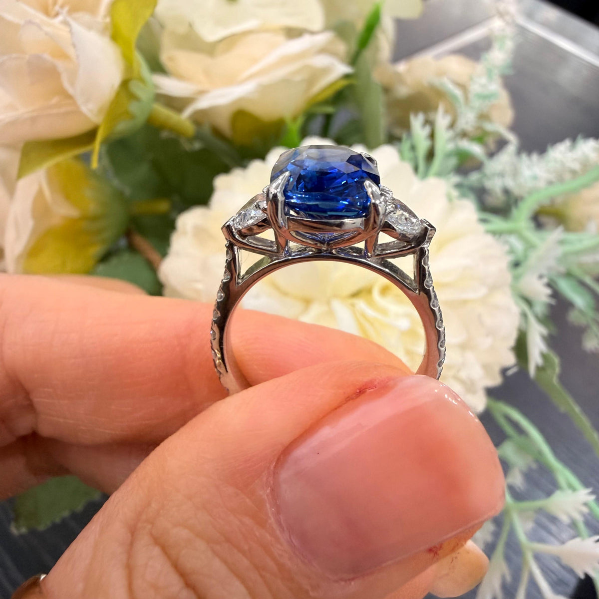 6.00ct Sapphire Cushion & Heart Shape Diamond Engagement Ring In 950 Platinum