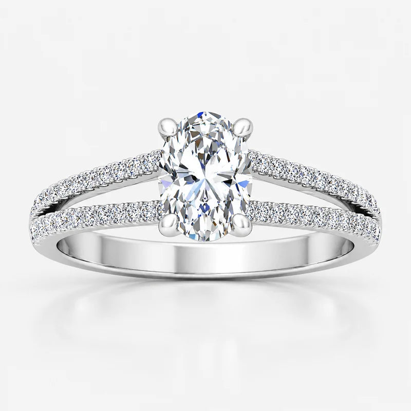IGI certified oval lab-grown diamond engagement ring with a claw-set centre and pavé split shank