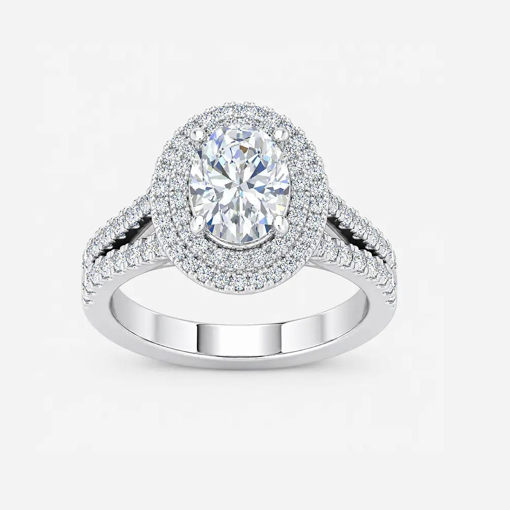 Oval-Cut Diamond Double Halo Engagement Ring with Pavé Split Shank in Gold & Platinum