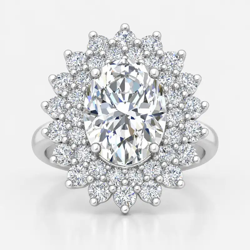 IGI Certified Oval Diamond Double Halo Sunburst Cluster Engagement Ring in Platinum & Gold