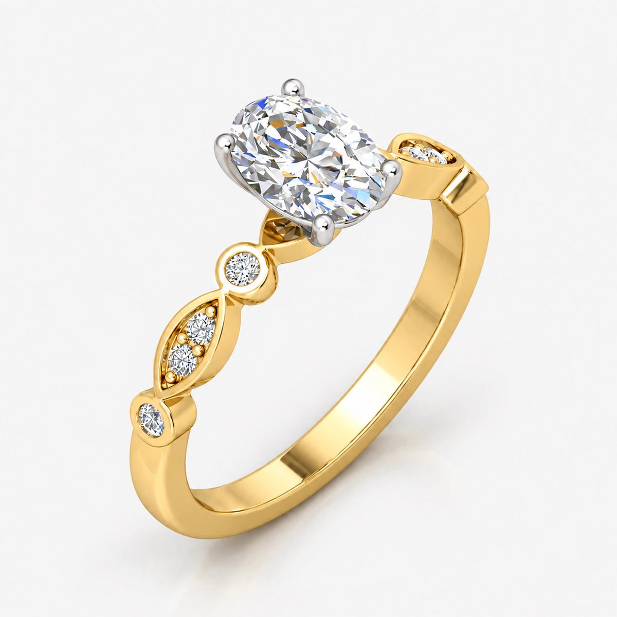 IGI Certified Petal & Vine Oval Milgrain Engagement Ring in Platinum & Gold - 1.00Ct-5.00Ct