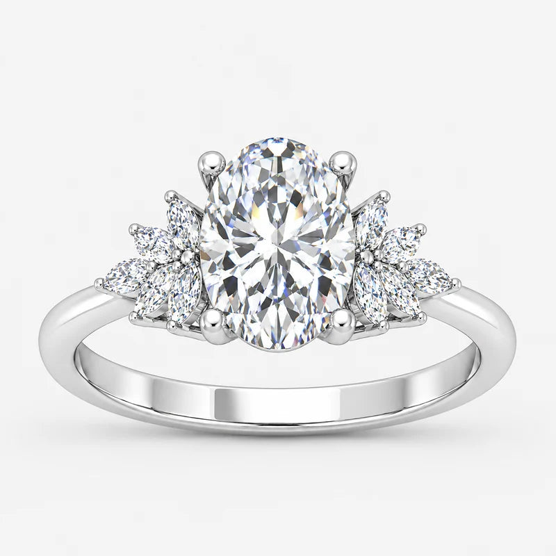 IGI Certified Aurora Oval Diamond Engagement Ring with Marquise Cluster Side Stones in Platinum & Gold