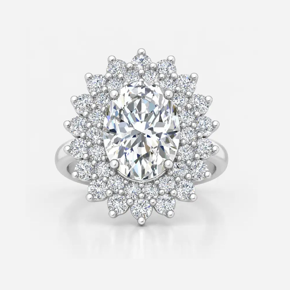 IGI Certified Oval Diamond Double Halo Sunburst Cluster Engagement Ring in Platinum & Gold