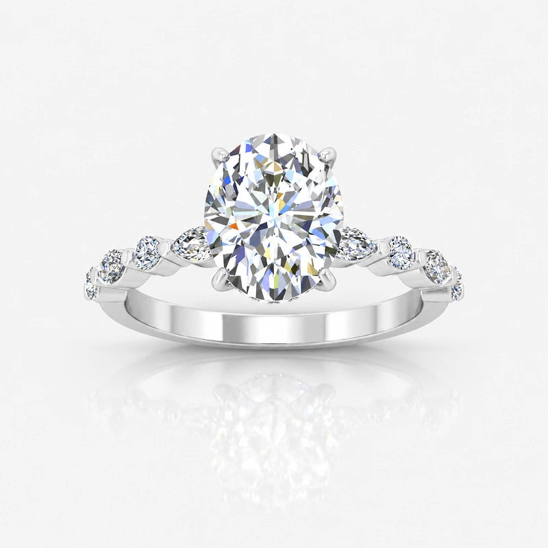 IGI Certified Oval & Marquise Hidden Halo Engagement Ring with Versailles Accent Band in Platinum & Gold