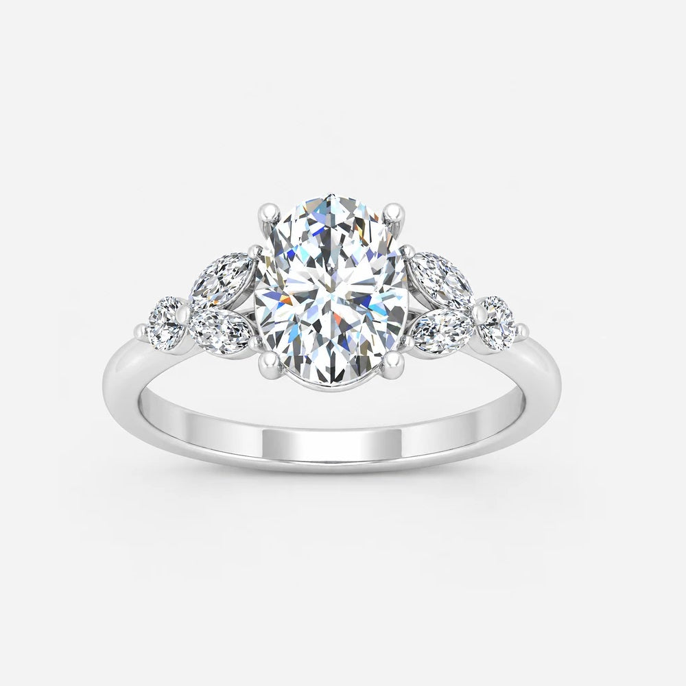 IGI Certified Oval Cut Engagement Ring with Marquise and Round Side Stone Accents in Platinum & Gold