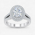 Oval-cut lab-grown diamond double halo engagement ring with pavé split shank in gold and platinum