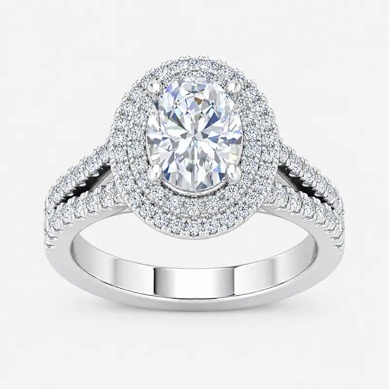 Oval-cut lab-grown diamond double halo engagement ring with pavé split shank in gold and platinum