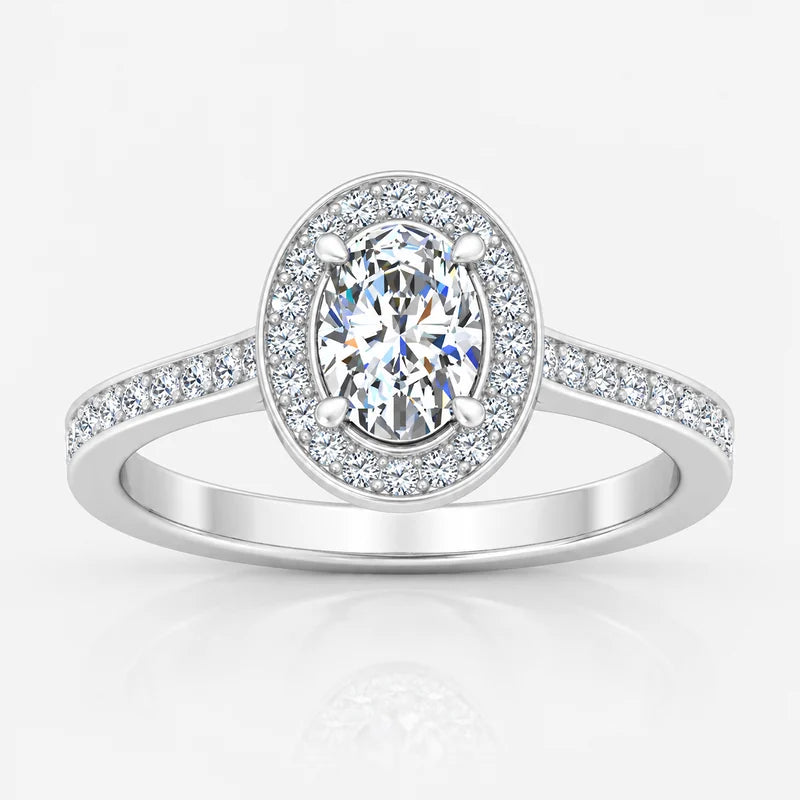 IGI Certified Oval Diamond Halo Engagement Ring with Pavé Shank in Platinum & Gold