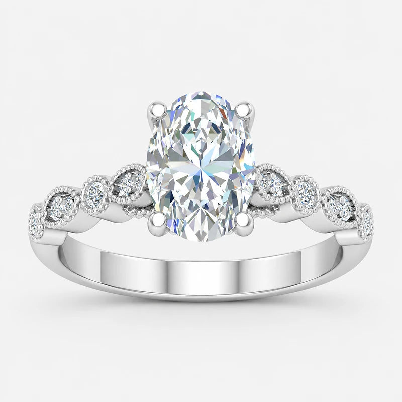 IGI certified vintage oval lab-grown diamond engagement ring with scalloped milgrain detailing