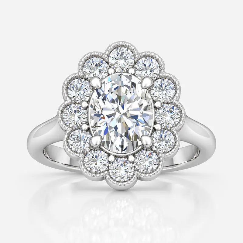 IGI Certified Vintage Oval Diamond Floral Scalloped Halo Engagement Ring in Platinum & Gold