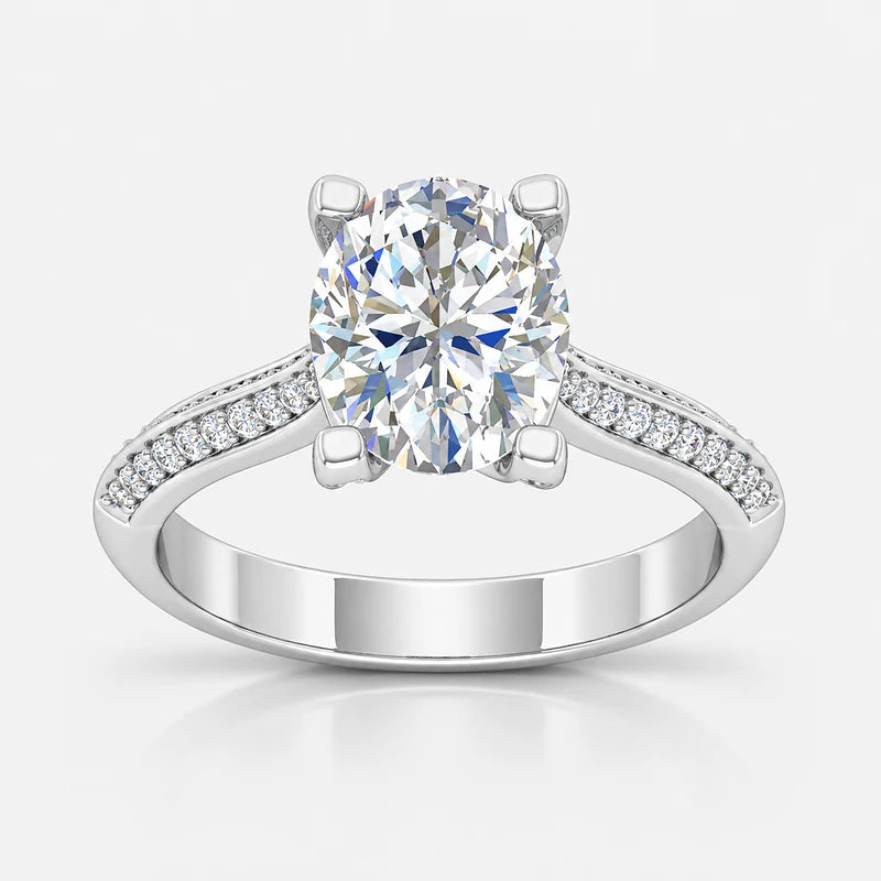 IGI Certified Oval-Cut Diamond Solitaire Engagement Ring with Pavé Band in Gold & Platinum