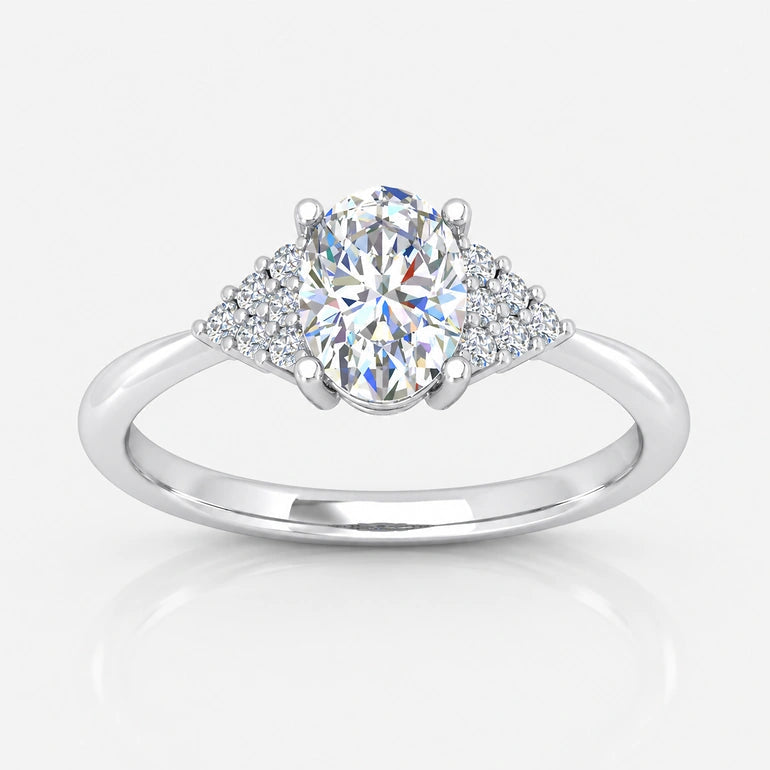 IGI Certified Oval-Cut Diamond Engagement Ring with Triangular Cluster Side Stones in Platinum & Gold